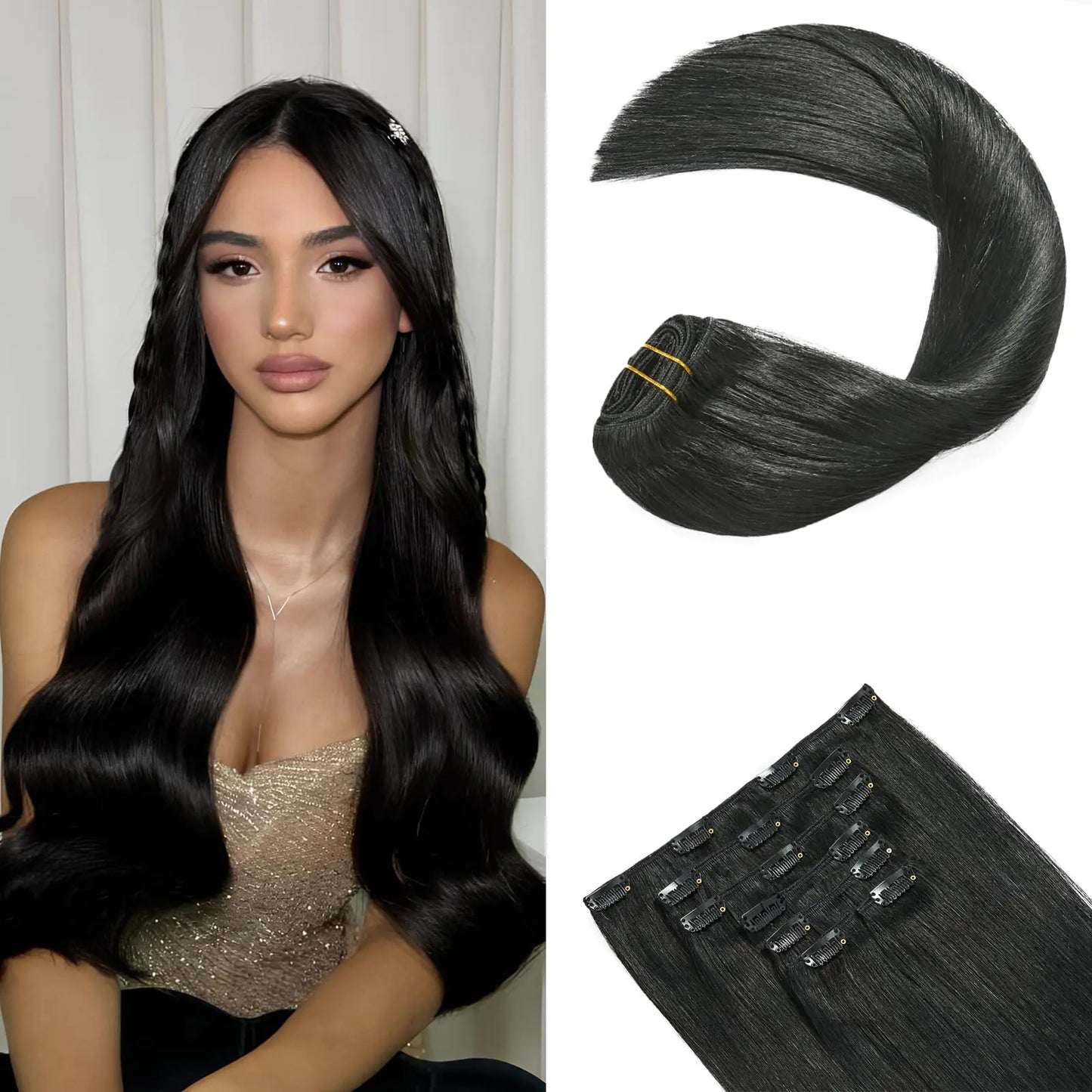 18" Jet Black Hair Clip-In Extensions (120g)